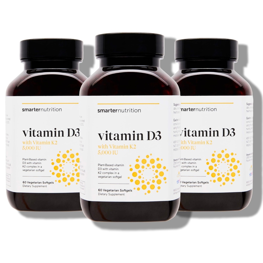 SMARTERNUTRITION Βιταμίνη Vegan D3 5000 IU + Φυσική Βιταμίνη K2 1100 mcg σε Βιολογική Καρύδα & Ελαιόλαδο - D3 K2 συμπλήρωμα για Ανοσοποιητική & Οστική Υποστήριξη - 180 Softgels[90 Day Supply]