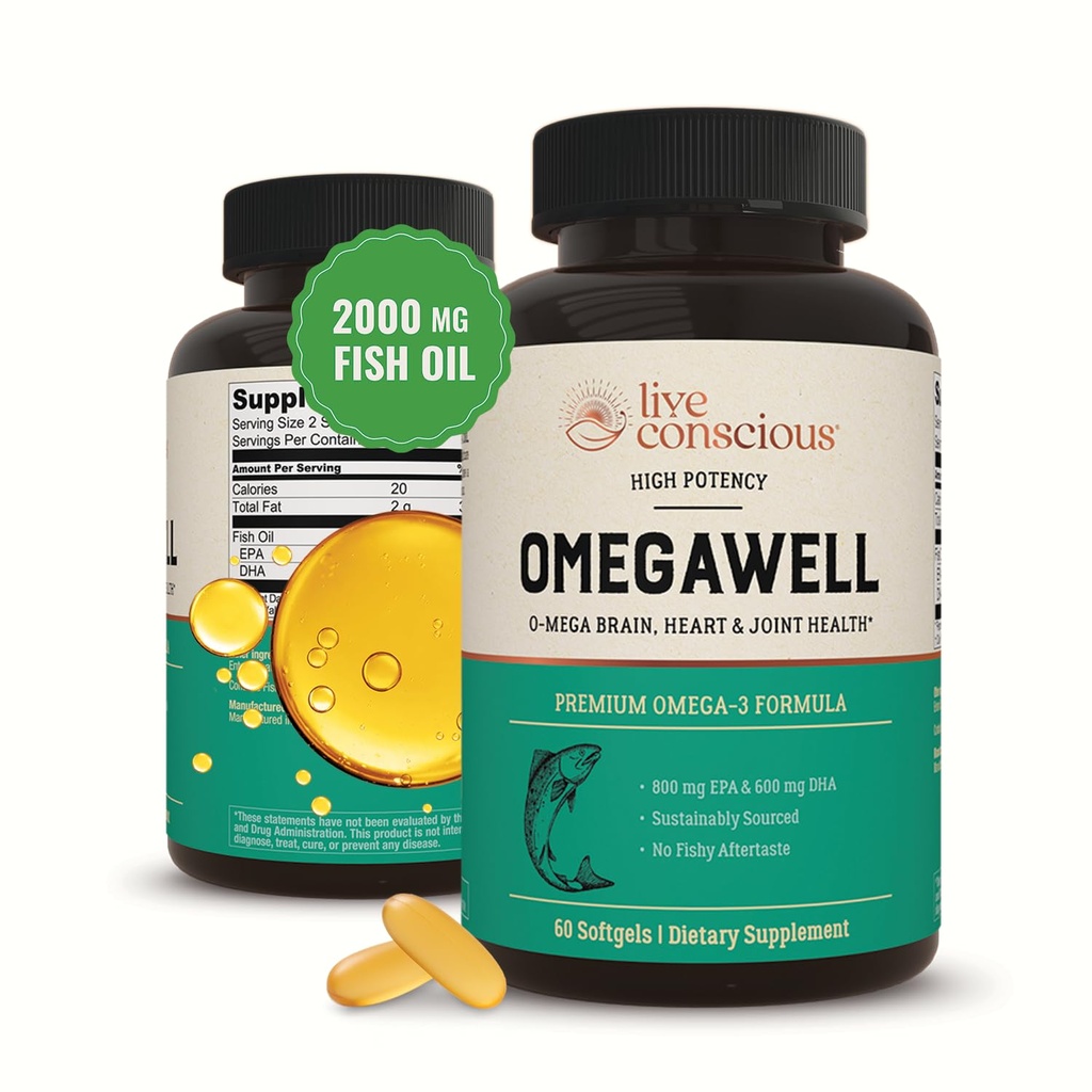 Live Consciious OmegaWell Omega 3 Fish Oil - 2000mg Κάψουλες: Καρδιά, Εγκέφαλος, & Κοινή Υποστήριξη - 800 mg EPA 600 mg DHA - Με Βιώσιμη προέλευση - Softgels - 30 Ημέρα προσφοράς