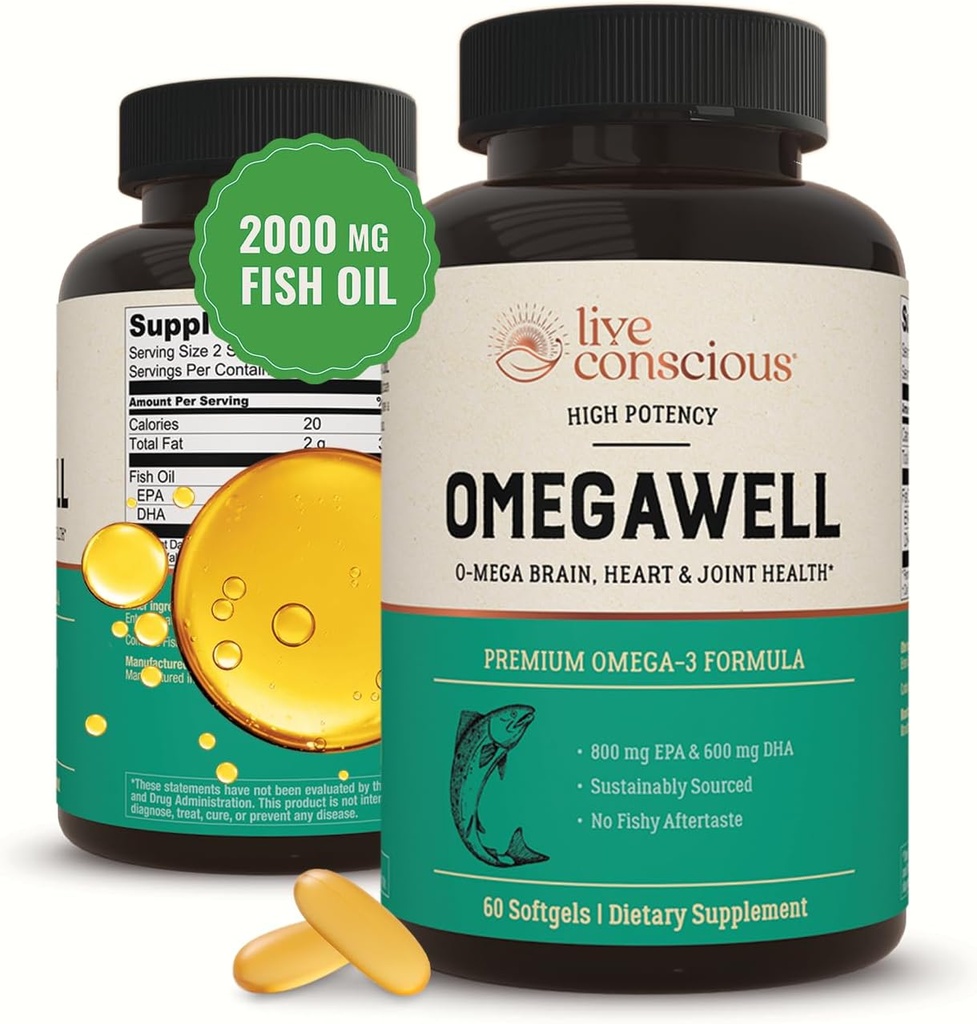 Live Consciious OmegaWell Omega 3 Fish Oil - 2000mg Κάψουλες: Καρδιά, Εγκέφαλος, & Κοινή Υποστήριξη - 800 mg EPA 600 mg DHA - Με Βιώσιμη προέλευση - Softgels - 30 Ημέρα προσφοράς