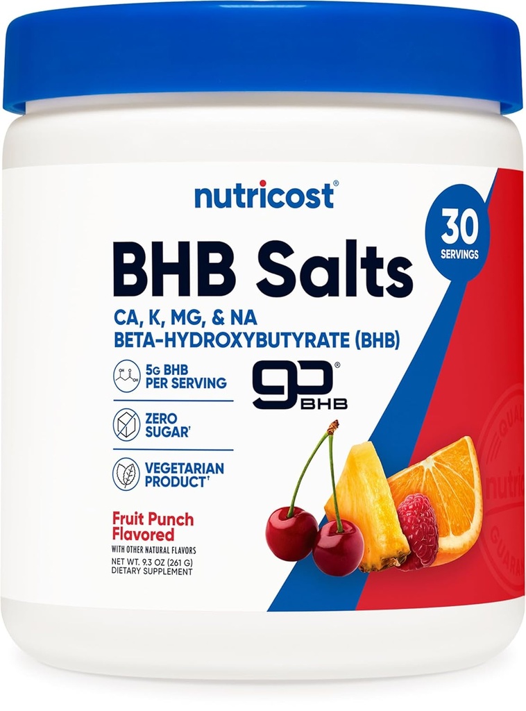 Nutricost BHB Αλάτια Μείγμα ποτών (30 σερβιέτες, Fruit Punch Γεύση) (5G BHB ανά υπηρεσία) - 0G Σύνολο Σάκχαρα, Χορτοφαγικό Προϊόν
