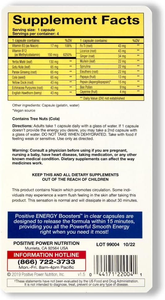 VitaBoost Positive Power Energy Boosters – Natural Energy Supplement with Herbs, B-12, Bee Pollen, Jitter-Free Smooth Energy, Quick & Safe, No Caffeine, Ephedra, or Guarana (4)