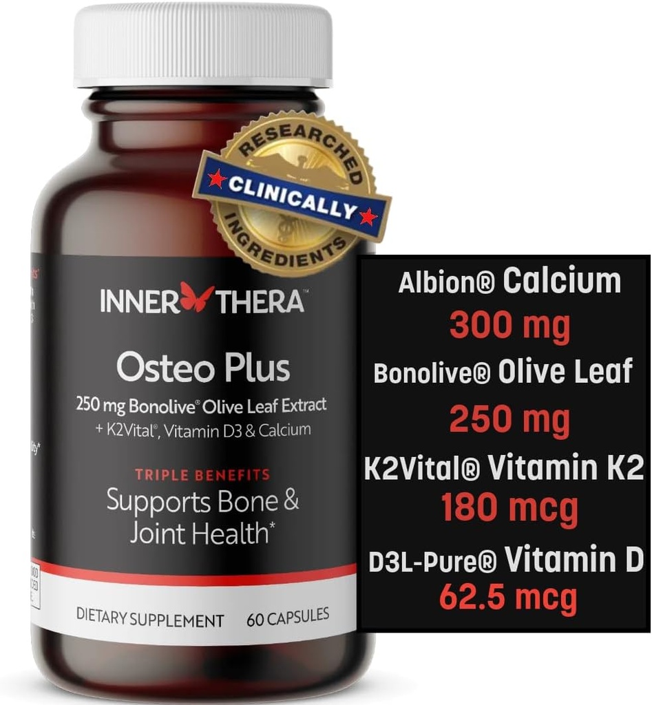 Osteo Plus 4-in-1 Comprehensive Supplement - Calcium with Vitamin D3, K2 and Bonolive - Supports Healthy Aging - Gluten-Free, Non-GMO, Vegan (60 Count)