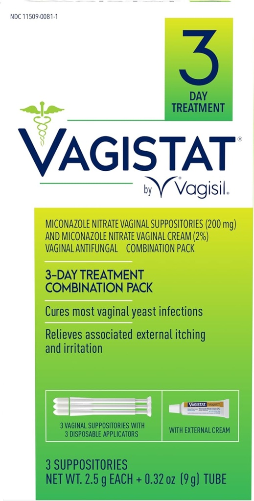 Vagisil Vagistat 3 Day Yeast Infection Treatment for Women, Relieves External Itching and Irritation - 2% External Miconazole Nitrate Cream, 3 Disposable Suppositories & Applicators (Pack of 1)