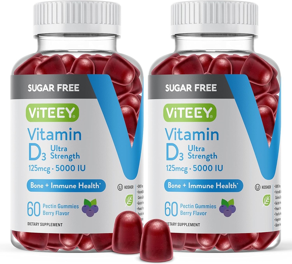 VITEEY Βιταμίνη D3 Gummies for Adults & Teens - 5.000 IU, 125mcg, Ultra Strength - Χωρίς ζάχαρη, οστά, αρθρώσεις & μύες Υγεία, ανοσοενίσχυση - χορτοφαγικά, Ζελατίνη Δωρεάν - Νόστιμο Chewable Berry Γεύση Gummy