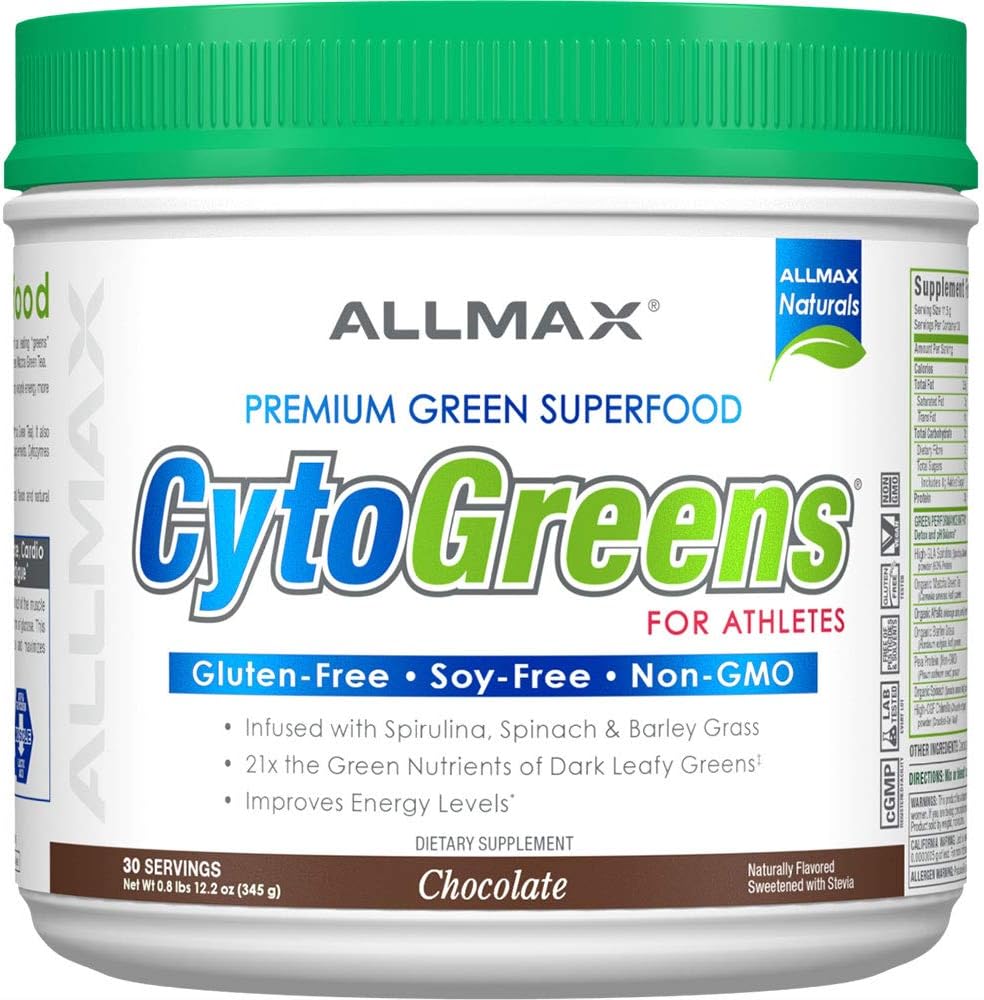 ALLMAX Διατροφή - Cytogreens Super Greens σκόνη, εγχύεται με Spirulina, Σπανάκι & Κριθάρι Grass, Υποστηρίζει ανοσοποιητική & Digestive Υγεία, Γλουτένη Χωρίς & Vegan, 30 εξυπηρετούν (Chocolate)