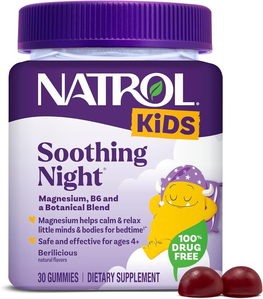 Natrol παιδιά καταπραϋντική νύχτα Μαγνήσιο Citrate Gummies, βοηθά την ηρεμία και την χαλάρωση μικρά μυαλά και τα σώματα για την ώρα του ύπνου για εκείνους χαμηλή στο μαγνήσιο, συν βιταμίνη Β6 υποστηρίζει λειτουργία του εγκεφάλου, 30 Berilicious Gummies