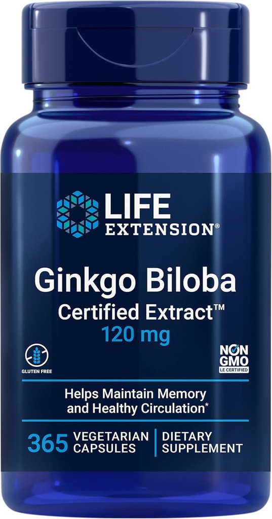 Επέκταση ζωής Ginkgo Biloba Certified ExtractTM, 120 mg, Helps Reserve Memory & ignitation, Gluten-free, Non-GMO, Vegetarian, 365 κάψουλες