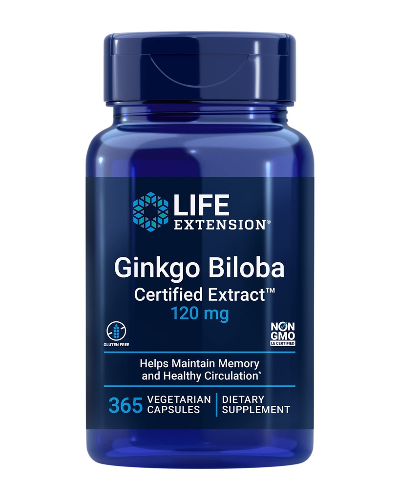 Επέκταση ζωής Ginkgo Biloba Certified ExtractTM, 120 mg, Helps Reserve Memory & ignitation, Gluten-free, Non-GMO, Vegetarian, 365 κάψουλες