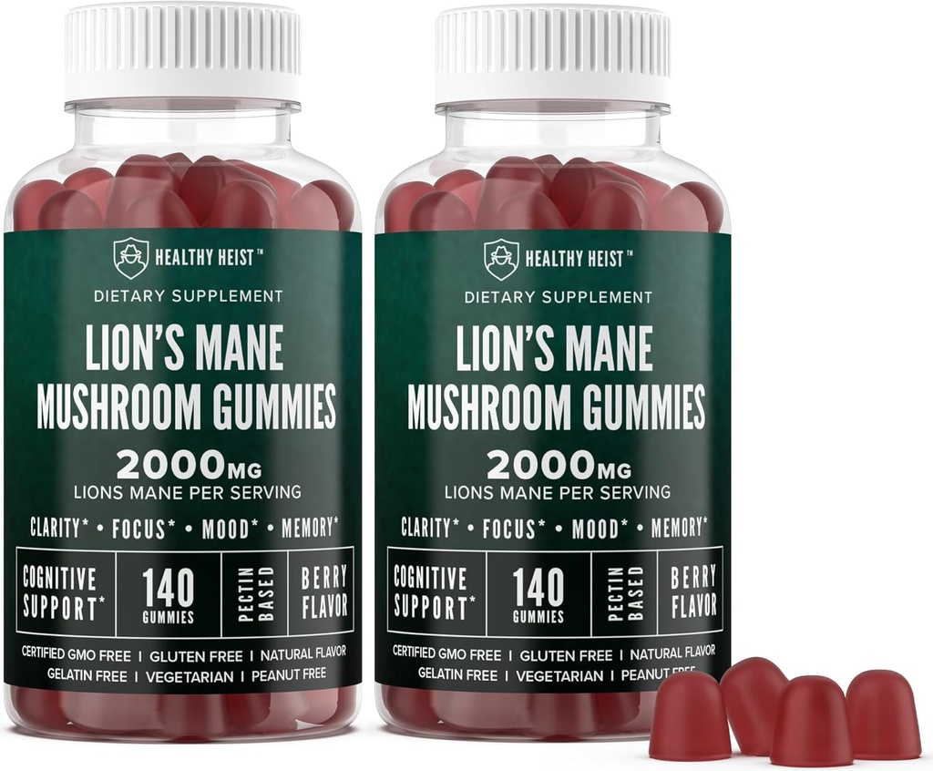 Lions Mane Mushroom Gummies for Adults, 280 Count Bulk Lion's Mane Chewables, High Potency 10:1 Organic Extract ανέρχεται σε 2000mg, συμπλήρωμα υποστηρίζει ψυχική σαφήνεια, εστίαση, Mood και εγκεφαλική ομίχλη, 2 πακέτο