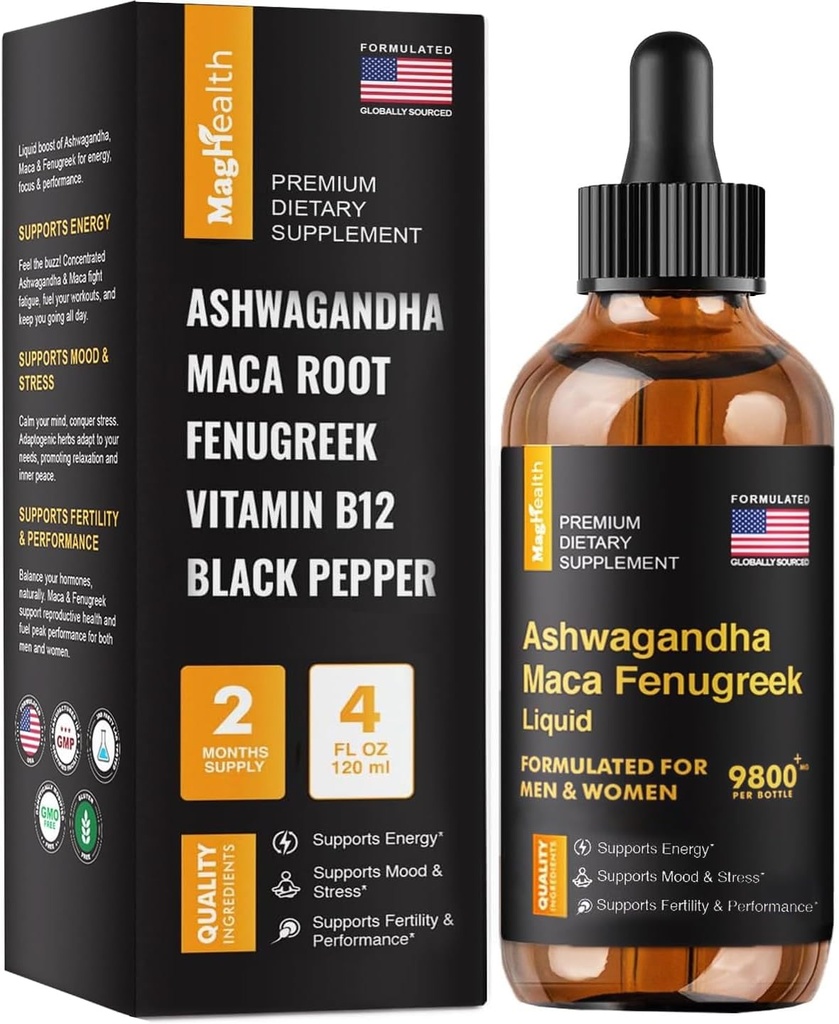 Maca Root Liquid Drops with Ashwagandha and Fenugreek - 60 Day Servings - Focus, Energy and Performance - Liquid Multivitamin for Women and Men - Adapto Drive, Vegan Drops