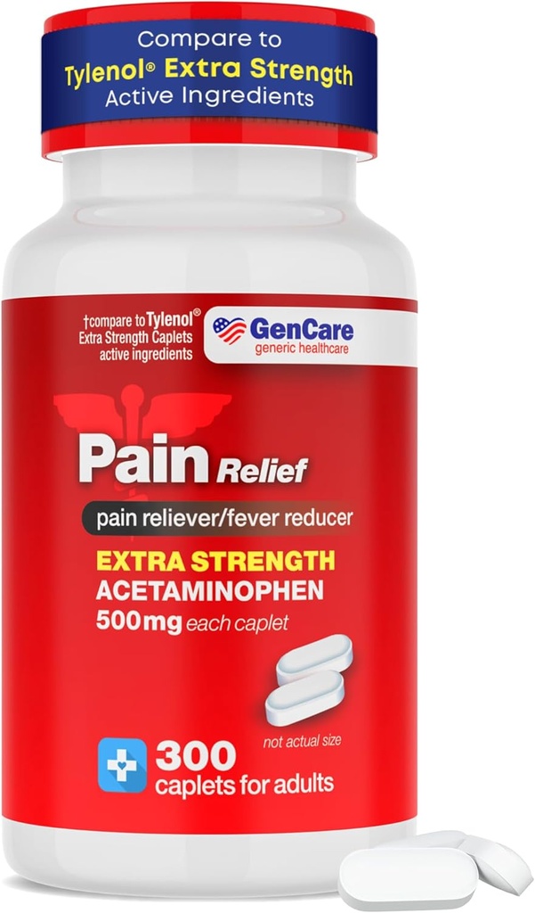 GenCare - Acetaminophen 500mg Extra Strength Pain Reliver (300 Caplets) - Multi Symptom Pain Reliever για Πονοκέφαλο, κόλπο, αρθρίτιδα, Οσφυαλγία Μυϊκός πόνος, Οδοντόκρεμα, Πυρετός, Ημικρανία