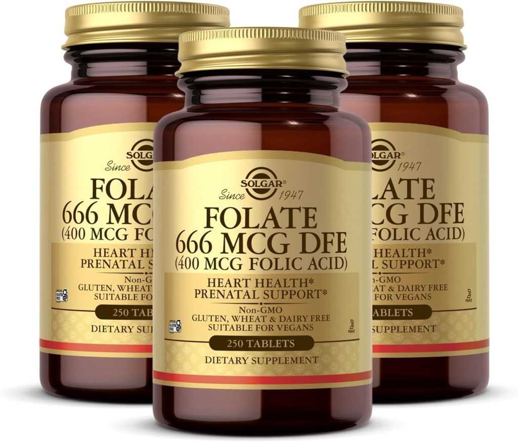 Solgar Folate 666 mcg DFE (Folic Acid 400 mcg) - 250 δισκία, συσκευασία 3 - Προγεννητική Υποστήριξη - Μη ΓΤΟ, Vegan, Χωρίς γλουτένη, Χωρίς γαλακτοκομικά, Kosher - 750 Σύνολο Σερβιρίσματος