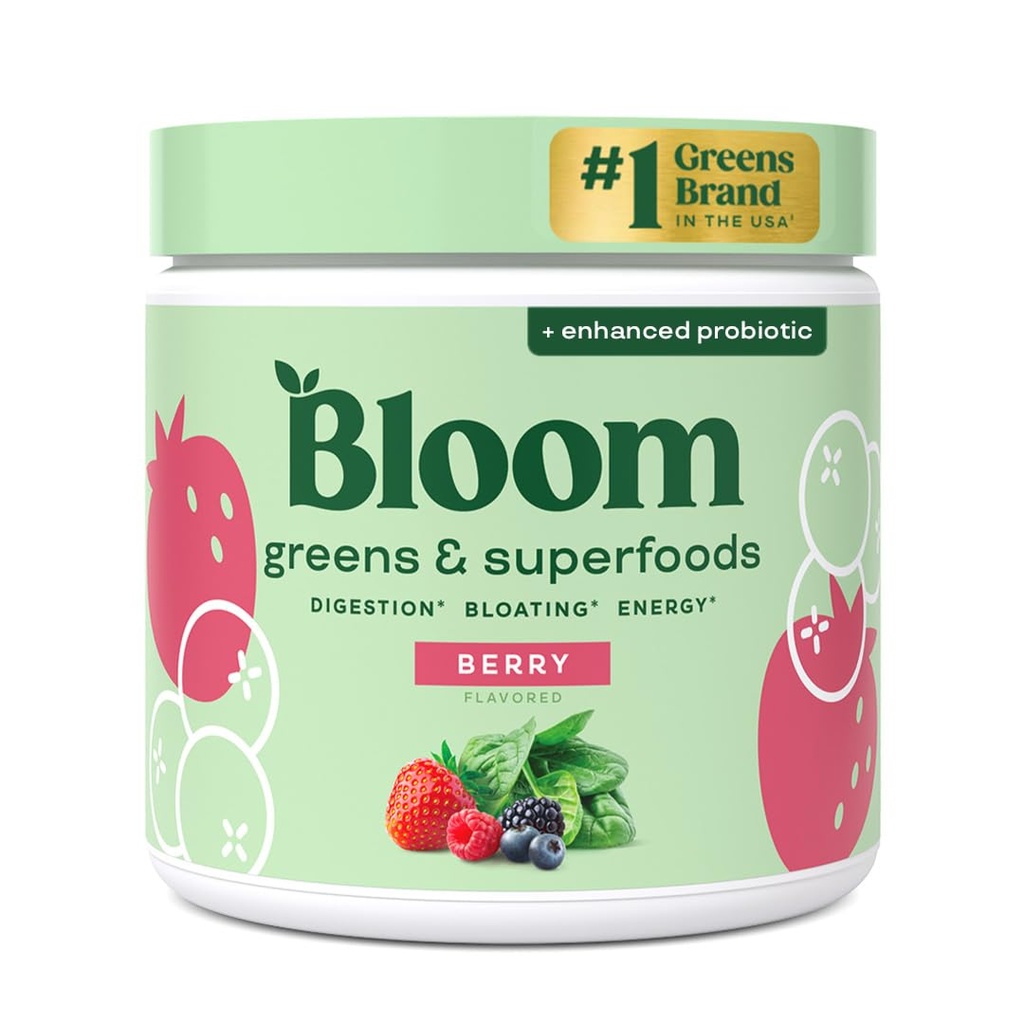 Bloom Nutrition Superfood Greens Powder, Digestive Enzymes με Προβιοτικά και Πρεβιοτικά, Gut Health, Bloating Relief for Women, Chlorella, Green Juice Mix with Beet Root Powder, 30 SVG, Berry