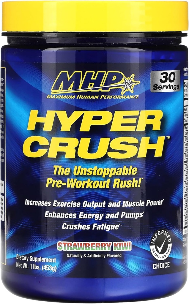 Μέγιστη ανθρώπινη απόδοση Hyper Crush πριν από την προπόνηση σκόνη, αυξάνει την ενέργεια, τις μυϊκές αντλίες, δύναμη, καταπολεμά τη κόπωση, κρεατίνη, βήτα αλανίνη, νιτρικό οξείδιο, κιτρουλίνη, AKG, Φράουλα Kiwi, 30 εξυπηρετούν