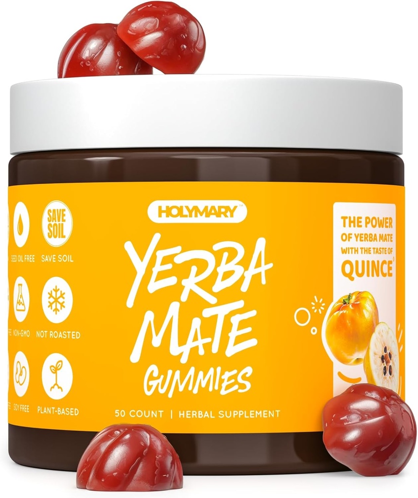 HOLYMARY Yerba Mate Gummies, Quince - Made with Organic, Unroasted Yerba Mate. Free from Added Caffeine. Vegan, Non-GMO, Gluten-Free, Kosher. 50 Delicious Supplement Gummies