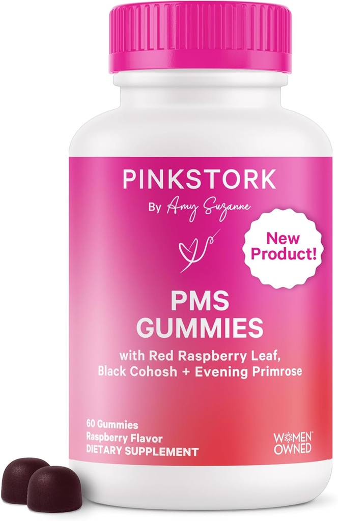 Pink Stork PMS υποστήριξη Gummies για τις γυναίκες - κόκκινο σμέουρο φύλλο, μαύρο Cohosh, λάδι βράδι Primrose - Bloating, κουρέλια, δέρμα, Mood - Ορμονική υποστήριξη κύκλου - 60 Berry Gummies - Vegan, φυτικής βάσης