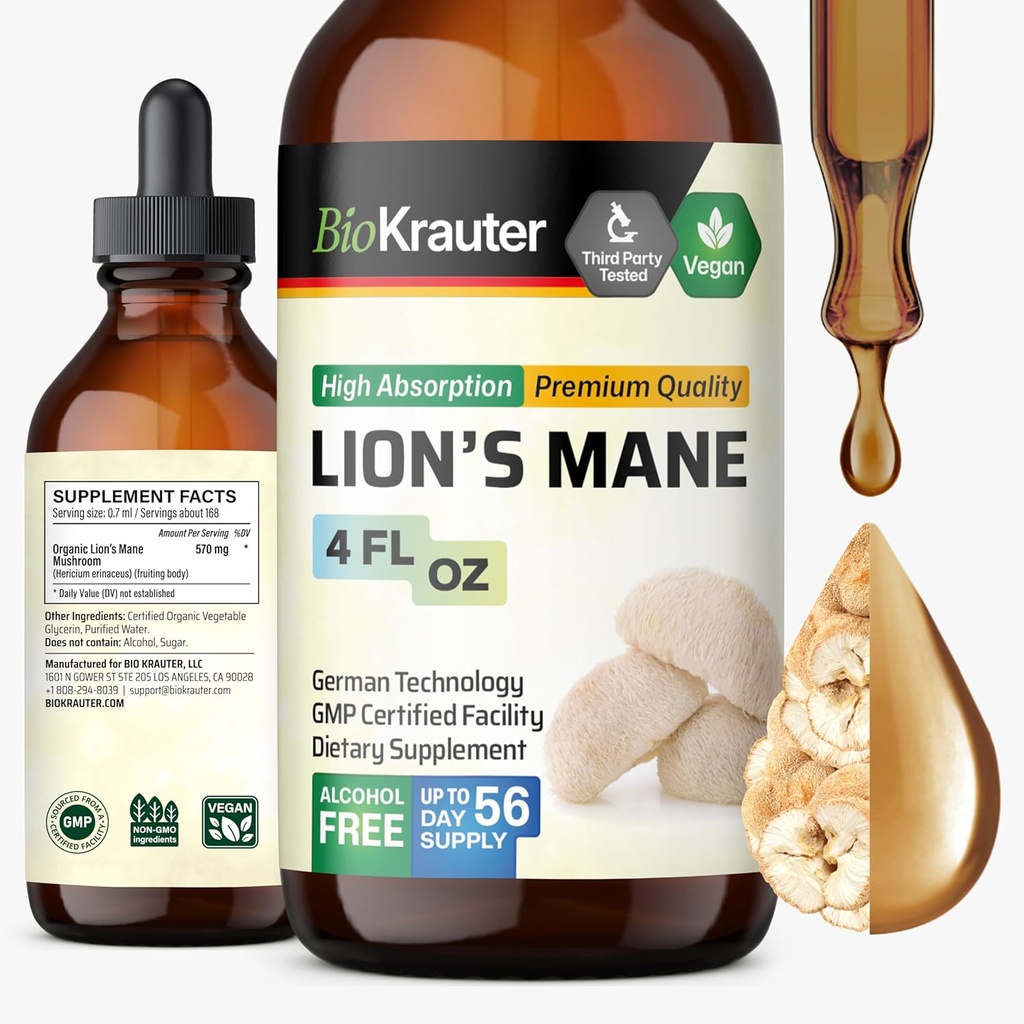 BIO KRAUTER Lions Mane Liquid Extract - συμπλήρωμα μανιταριών για την υποστήριξη του εγκεφάλου - Vegan Lions Mane συμπλήρωμα - Αλκοόλ & ζάχαρη δωρεάν σταγόνες - 4 FL.Oz.