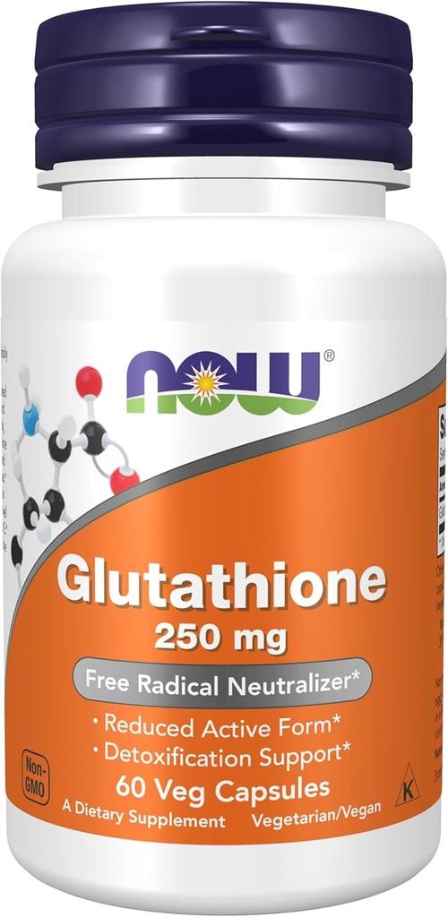 NOW Συμπληρώματα Τροφίμων, Glutathione 250 mg, Υποστήριξη Αποτοξίνωσης *, Ελεύθερος Ριζοσπαστικός Ουδέτερος *, 60 Κάψουλες Veg