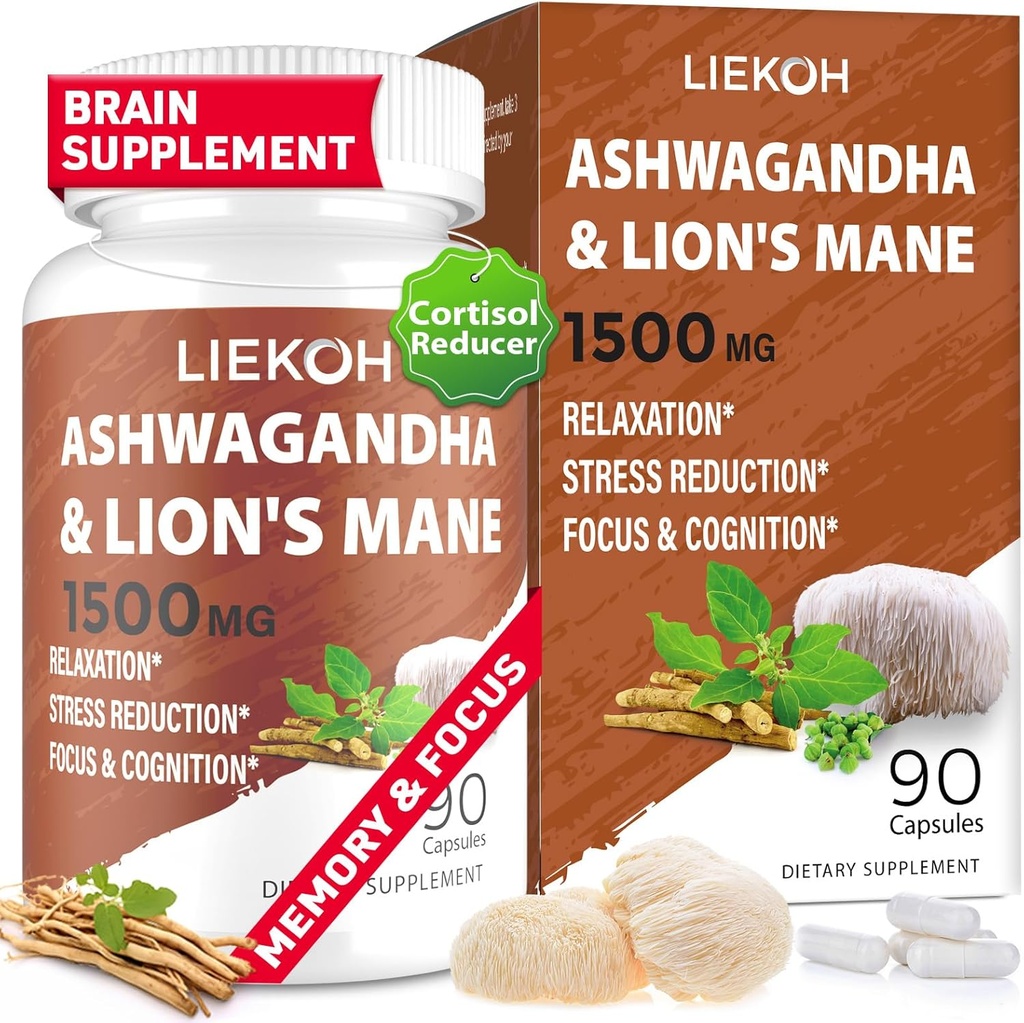 Ashwagandha & Lions Mane Συμπληρώματα κάψουλες, Συμπληρώματα εγκεφάλου για τη μνήμη και εστίαση, Ashwagandha Συμπλήρωμα με Rhodiola & Black Peppe, Cortisol Συμπληρώματα για γυναίκες & άνδρες,90 Caps