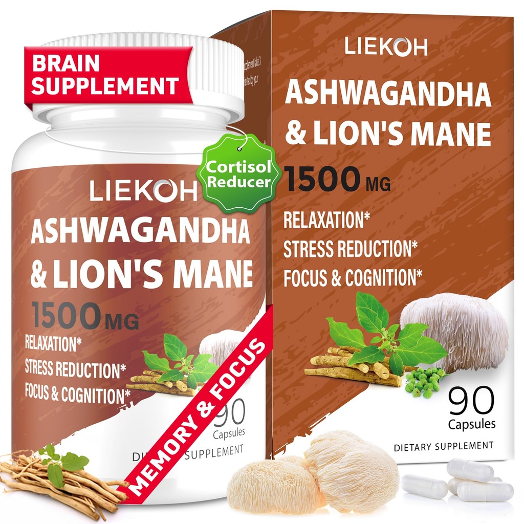 Ashwagandha & Lions Mane Συμπληρώματα κάψουλες, Συμπληρώματα εγκεφάλου για τη μνήμη και εστίαση, Ashwagandha Συμπλήρωμα με Rhodiola & Black Peppe, Cortisol Συμπληρώματα για γυναίκες & άνδρες,90 Caps
