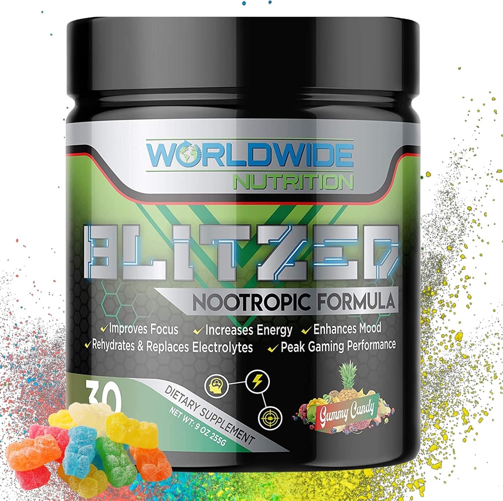 Παγκόσμια Διατροφή Blitzed Nootropic Formula - All Natural Energy Drink Mix Powder - Συμπληρώματα εγκεφάλου για τη μνήμη και την εστίαση - Enhanced Focus and Energy Supplement - Gummy Candy Flavor - 30 Μερίδες