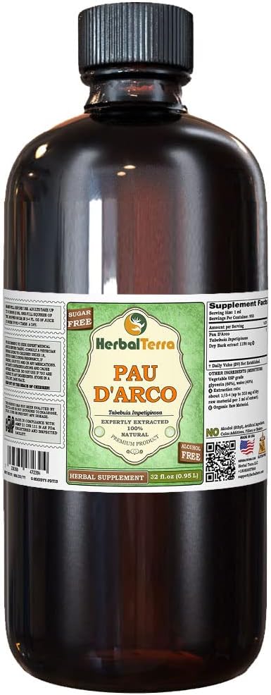 PAU d'arco (Tabebuia Impetiginosa) Γλυκερίτης, Αποξηραμένο Χωρίς Αλκοόλ Εκχύλισμα Υγρού (Όνομα: HerbalTerra, Περήφανα Κατασκευασμένο στις ΗΠΑ) 32 fl.oz (0,95 l)
