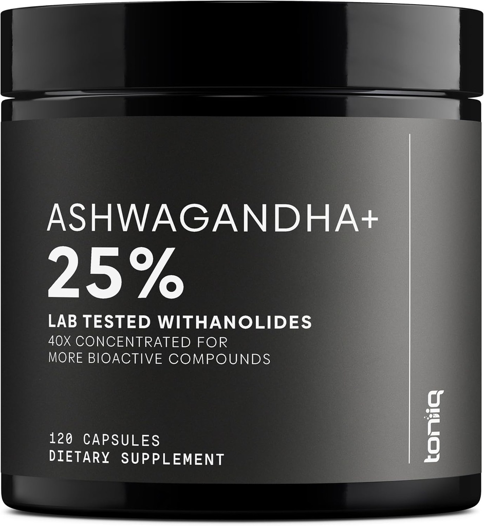 Toniiq Ashwagandha – 40:1 Concentrated Extract – 25% Withanolides – Wild Harvested in India – Highly Bioavailable with Black Pepper – Third-Party Tested – 120 Capsules - 1,300mg per Serving