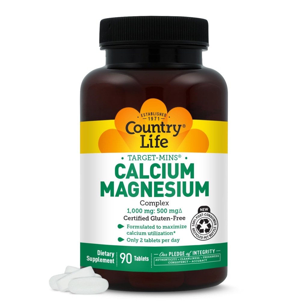 Country Life Target-Mins Calcium Magnesium Complex 1000mg/500mg, 90 Tablets, Certified Gluten Free, Certified Vegan, Certified Non-GMO Verified