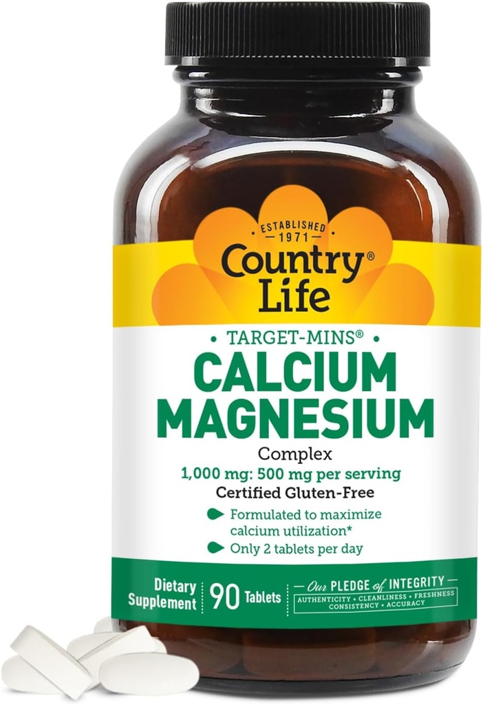 Country Life Target-Mins Calcium Magnesium Complex 1000mg/500mg, 90 Tablets, Certified Gluten Free, Certified Vegan, Certified Non-GMO Verified