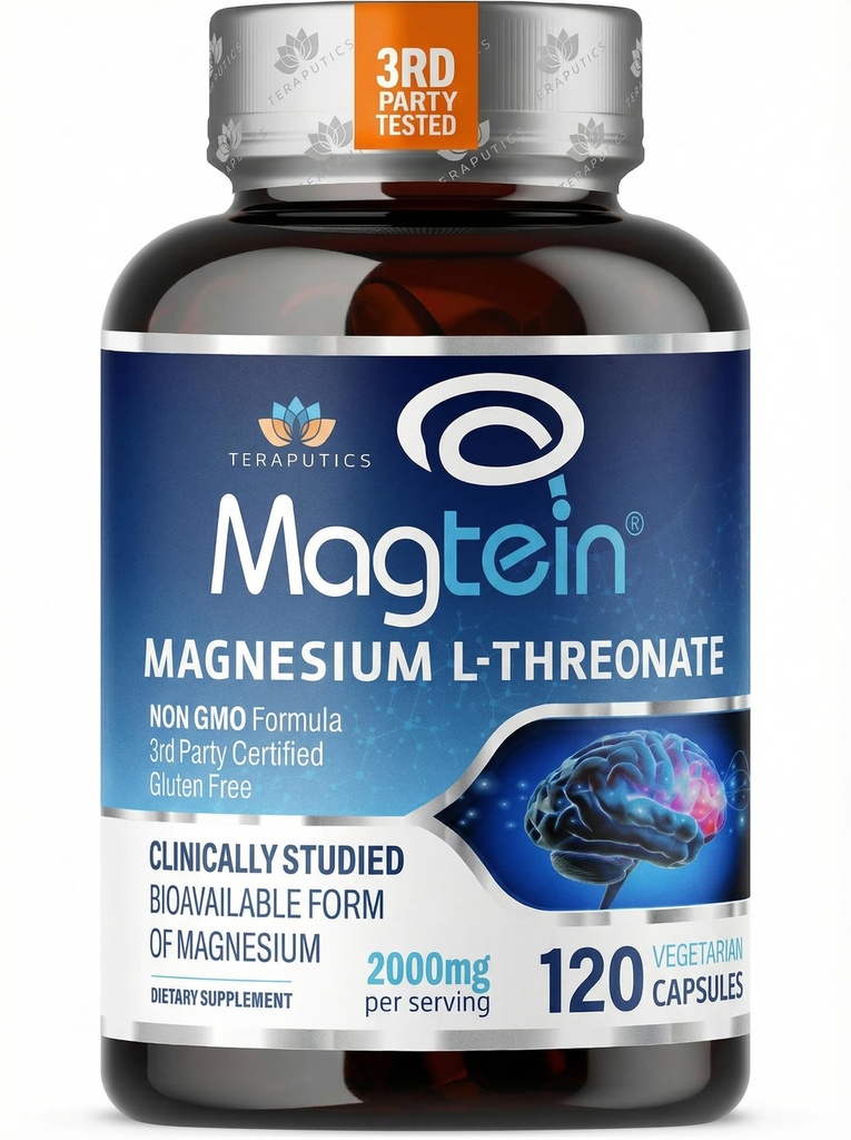 Magnesium L Threonate, Magtein, Brain Supplement for Memory, Focus, Sleep and Cognitive Support, High Absorption Magnesium L-Threonate, Non-GMO, No Laxative Effect – 2,000 mg, 120 Vegan Capsules