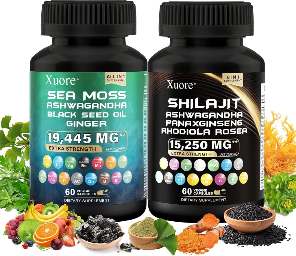 The Bundle of Shilajit and Sea Moss, Sea Moss, Black Seed Oil, Ashwagandha, Ginger, Shilajit, Rhodiola Rosea, Panax Ginseng,120 Κάψουλες Όλα σε ένα συμπλήρωμα,(1 πακέτο).