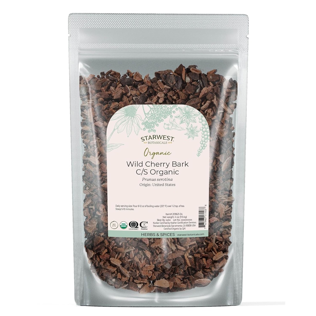 Starwest Botanicals Wild Cherry Bark Organic - Αποξηραμένα Loose Leaf Herb για Τσάι, Σιρόπι, & Φυσικές Αρωματικές Συνθέσεις, Prunus Serotina, Cut & Sifted, Certified Kosher, Non-GMO - 4 oz Pouch