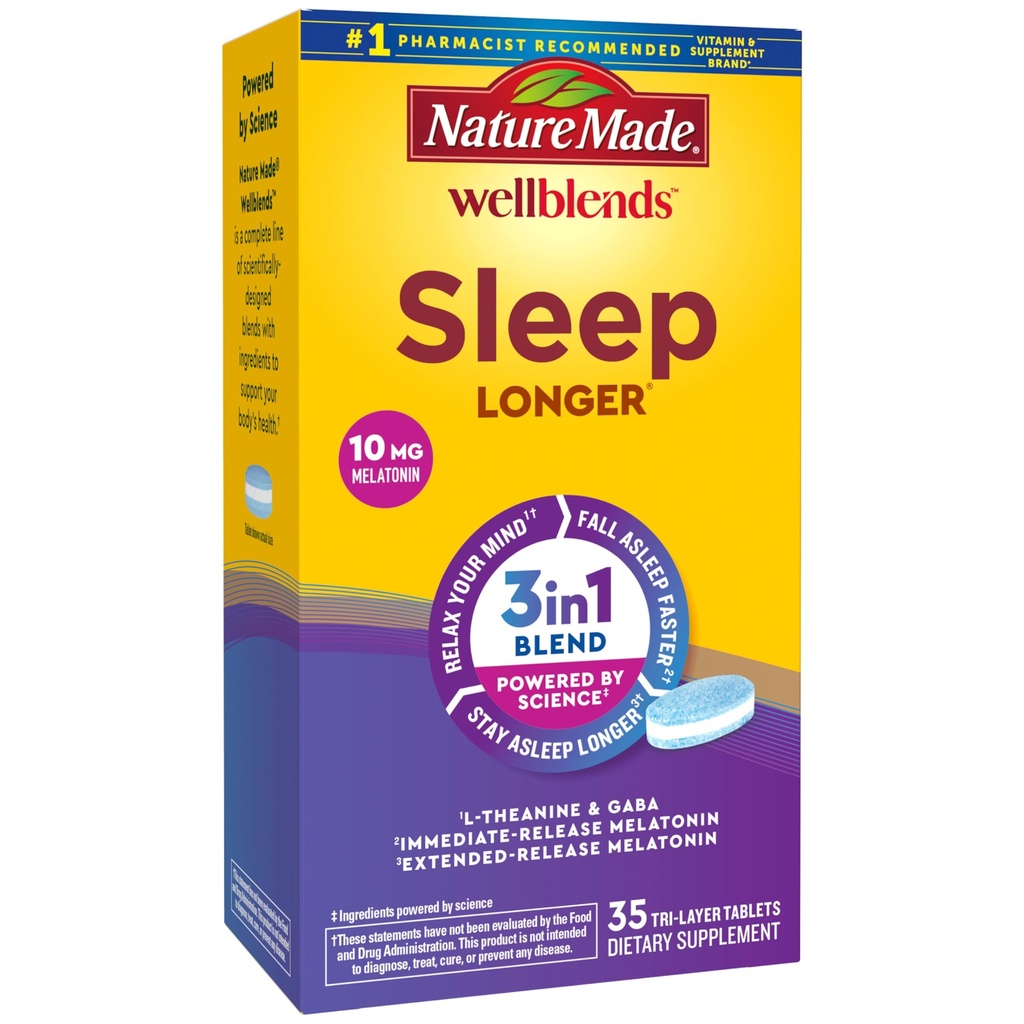 Nature Made Wellbleds Sleep Longer, Melatonin 10mg, L theanine 100 mg, και GABA 100mg, συμπλήρωμα ύπνου, 35 δισκία Tri- Layer