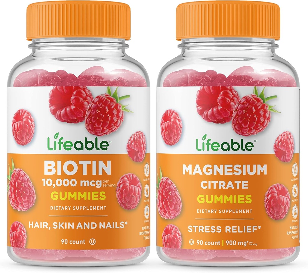 Ζωηρή Βιοτίνη + Μαγνήσιο, Gummies Bundle - Μεγάλη γεύση, συμπλήρωμα βιταμίνης, χωρίς γλουτένη, GMO δωρεάν, Μασώμενα