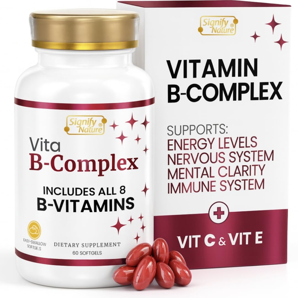 SIGNIFY NATURE VitaBComplex με βιταμίνη C και E, B Complex Βιταμίνες για γυναίκες & άνδρες, BComplex Συμπληρώματα, VIT B1, B2, B3, B5, B6, B8, B9, B12, Super B Softgels - 60 CT