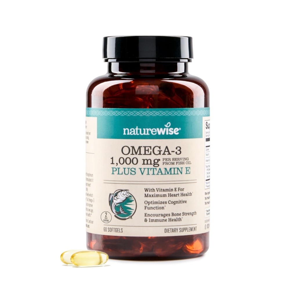 NatureWise Extra-Stength Omega 3 Fish Oil Supplement - 1000mg ανά Σερβίρισμα - 600 EPA & 400 DHA και βιταμίνη E - Υποστήριξη για την Καρδιά & Εγκεφαλική Υγεία - Λεμόνι Γεύση, GMO-Free - 60 Softgels[1-Month Supply]