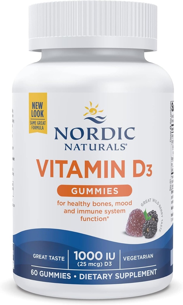 Nordic Naturals Vitamin D3 Gummies, Wild Berry - 60 Gummies - 1000 IU Vitamin D3 - Great Taste - Healthy Bones, Mood & Immune System Function - Non-GMO - 60 Servings