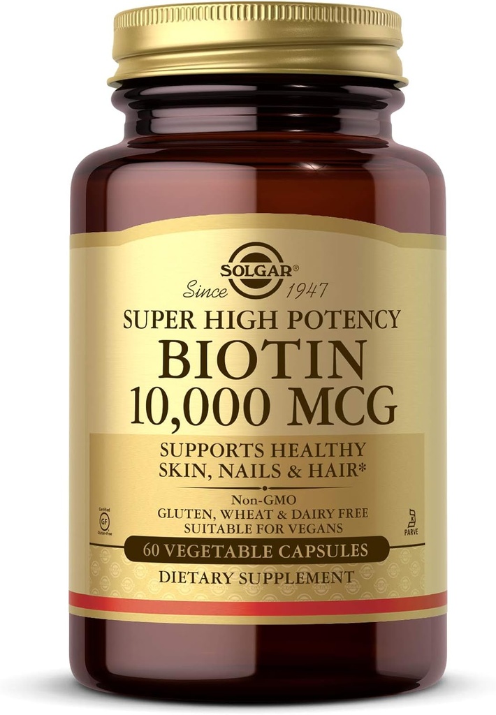 Solgar Biotin 10.000 mcg, 60 κάψουλες λαχανικών - Ενέργεια, Μεταβολισμός, Προωθεί υγιή δέρμα, νύχια & μαλλιά - Σούπερ υψηλή δραστικότητα - μη-GMO, Vegan, Χωρίς γλουτένη, χωρίς γαλακτοκομικά, Kosher - 60 Σερβιέτες