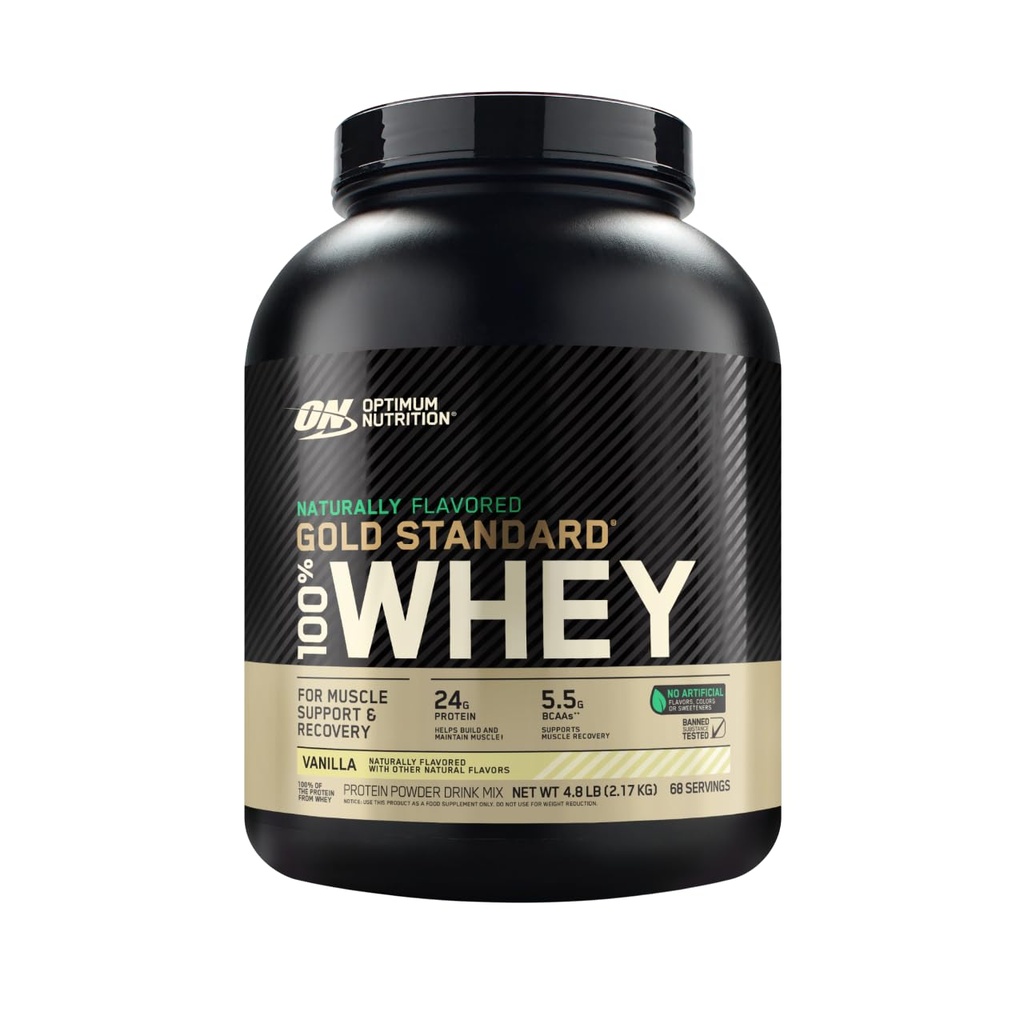 Βέλτιστη διατροφή Gold Πρότυπο 100% Whey φυσικά αρωματισμένη πρωτεΐνη σκόνη 4.8 (συσκευασία Μαΐου Vary), Βανίλια, 76.8 ουγγιά
