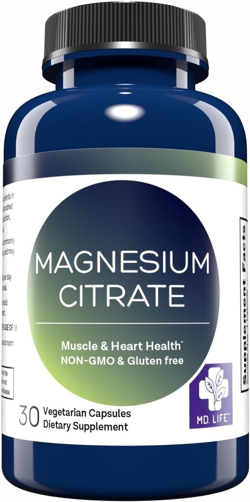 MD. Life Magnesium Citrate 250 mg – 60 Capsules – High Absorption Magnesium Citrate Supplement – Easy-to-Swallow Capsules for Muscle, Nerve, Heart, Sleep and Bone Support