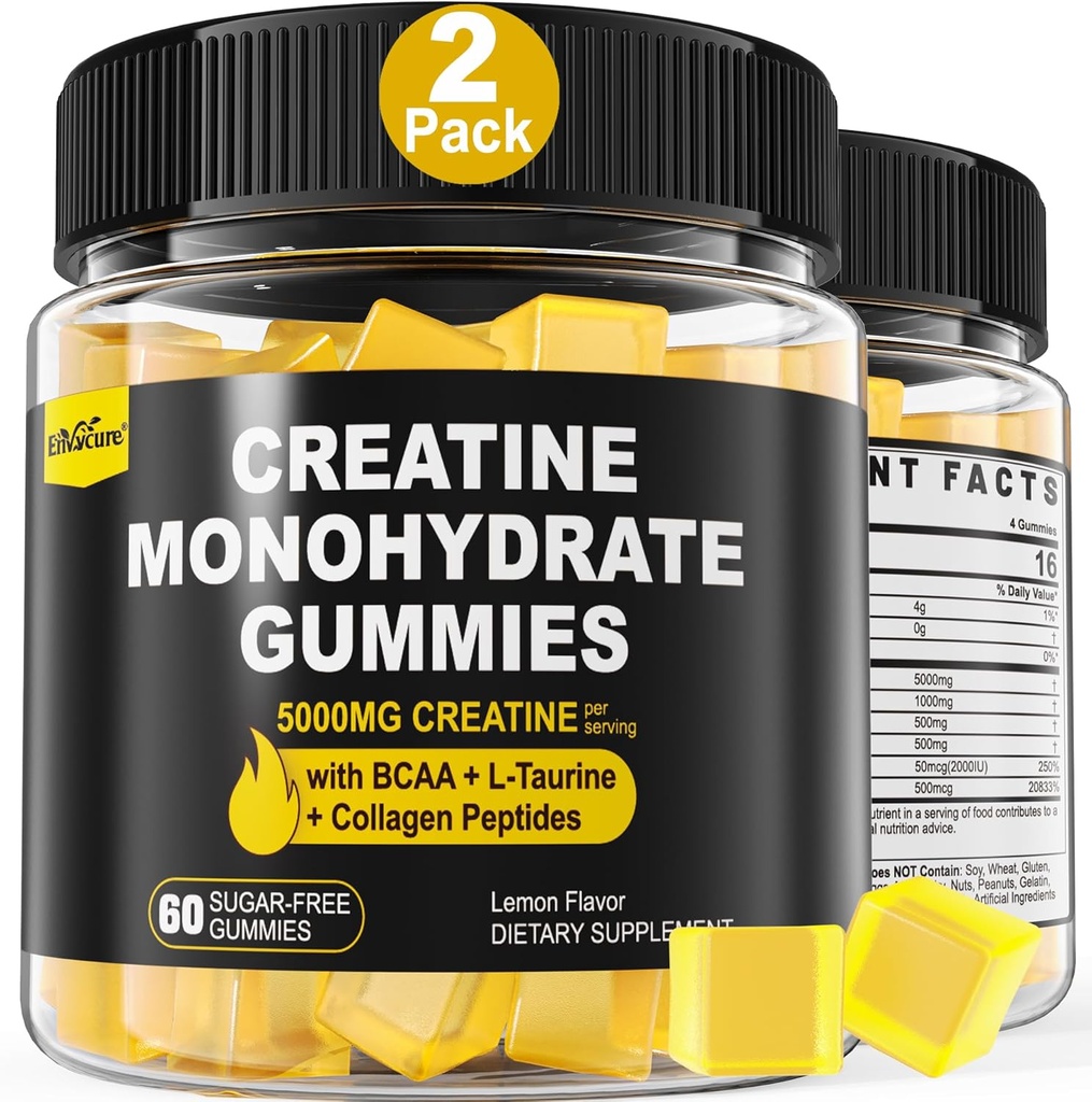 Creatine Monohydrate Gummies for Men & Women - με BCAA, Collagen Peptides, L-Taurine, Vitamin B12, D3, Chewables Creatine Monohydrate 5g Per Serving, Φυσικό άρωμα λεμονιού, Χωρίς ζάχαρη, 2 Pack