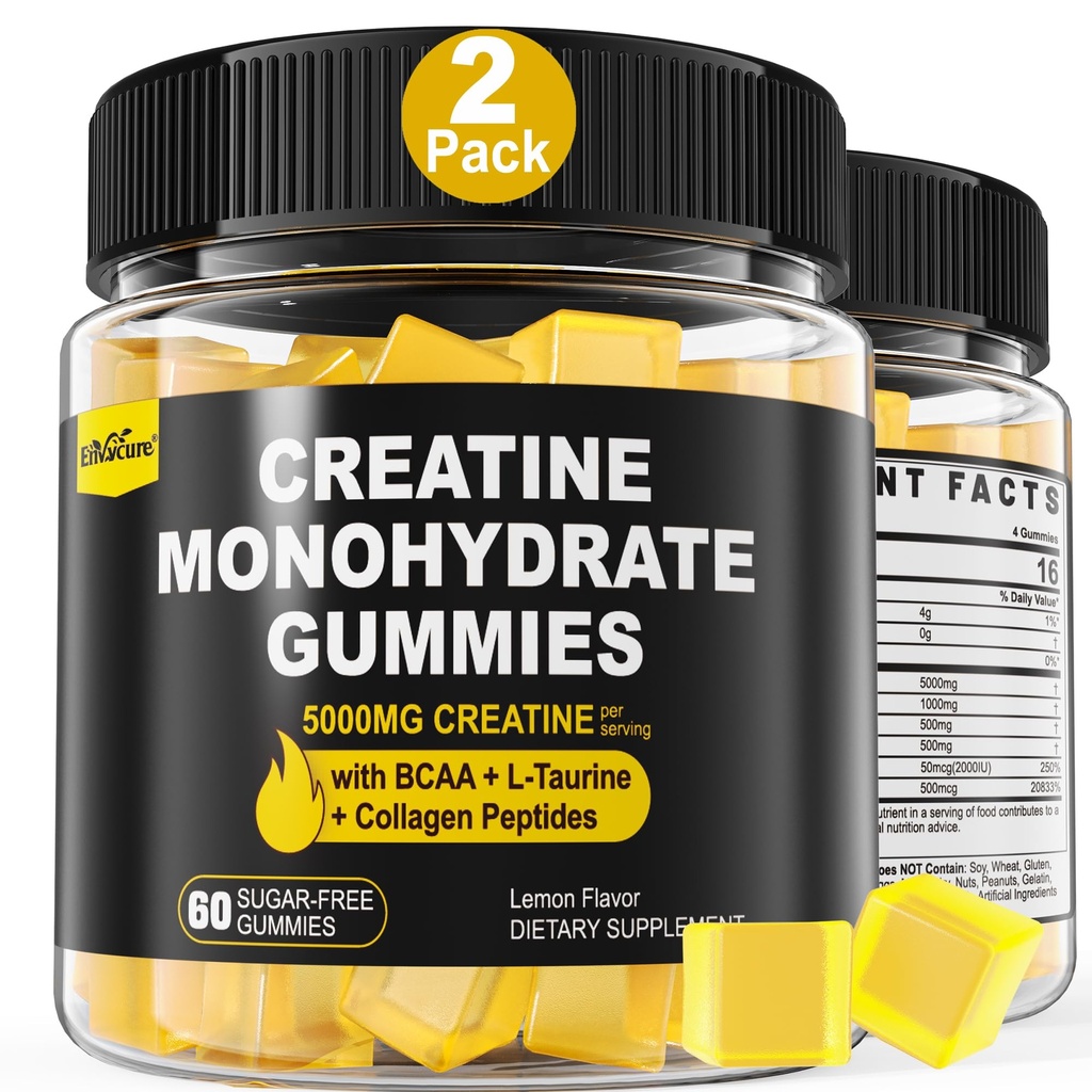 Creatine Monohydrate Gummies for Men & Women - με BCAA, Collagen Peptides, L-Taurine, Vitamin B12, D3, Chewables Creatine Monohydrate 5g Per Serving, Φυσικό άρωμα λεμονιού, Χωρίς ζάχαρη, 2 Pack