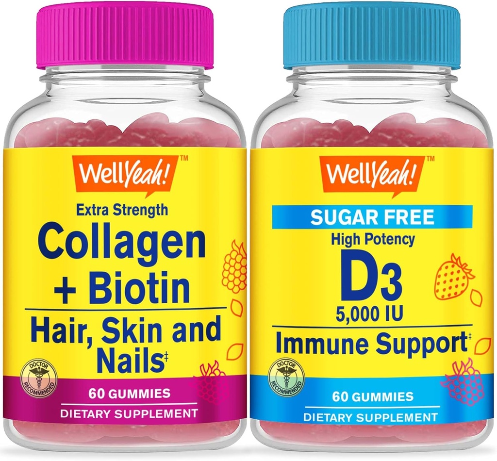 WellYeah Collagen+Biotin + Vitamin D3 5,000 IU Sugar Free, Gummies Bundle - Great Tasting, Vitamin Supplement, Gluten Free, GMO Free, Chewable Gummy