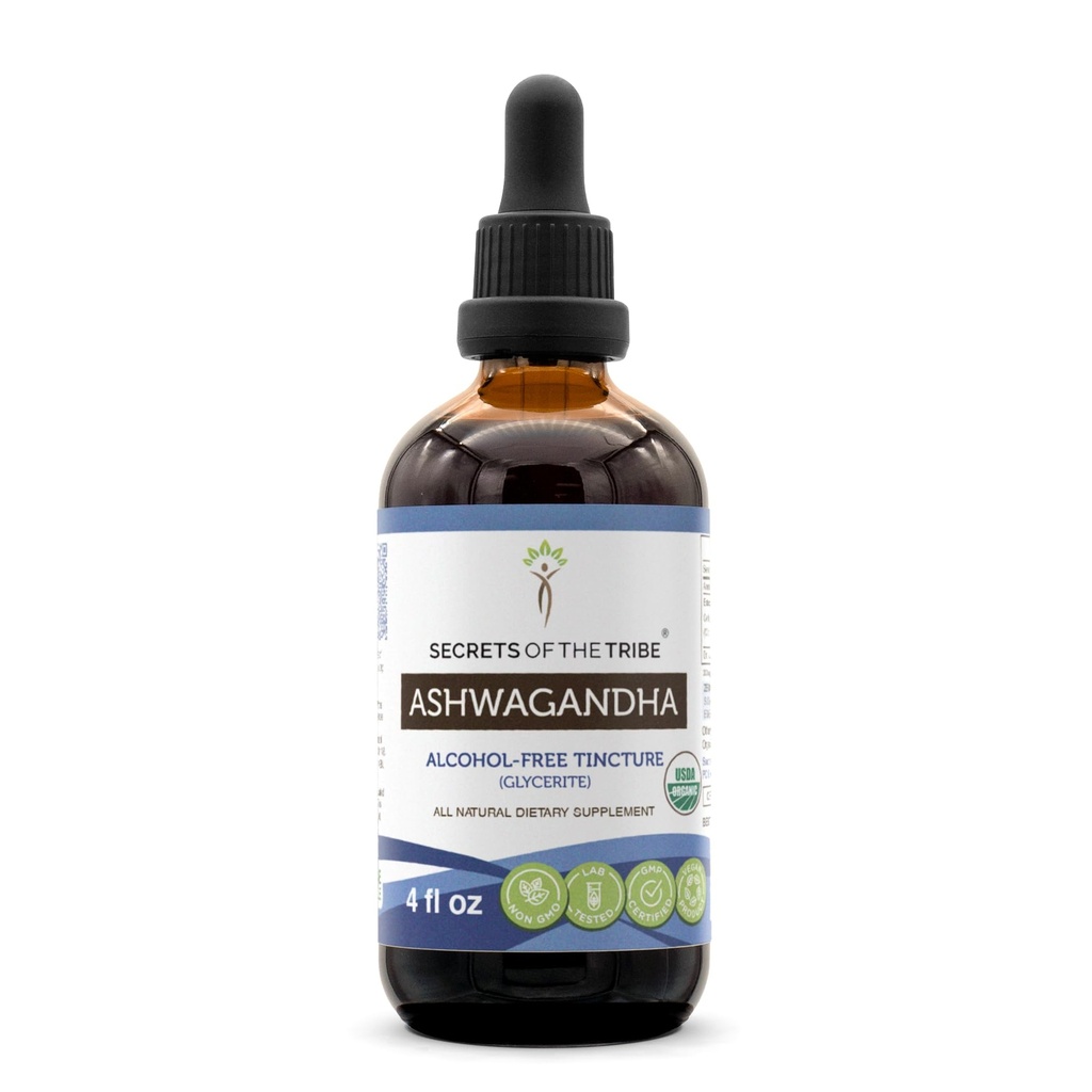 Secrets of the Tribe Ashwagandha USDA Organic Tincture Alcohol-Free Extract, Ashwagandha Withania Somnifera Anti-Stress and Relaxation 4 OZ