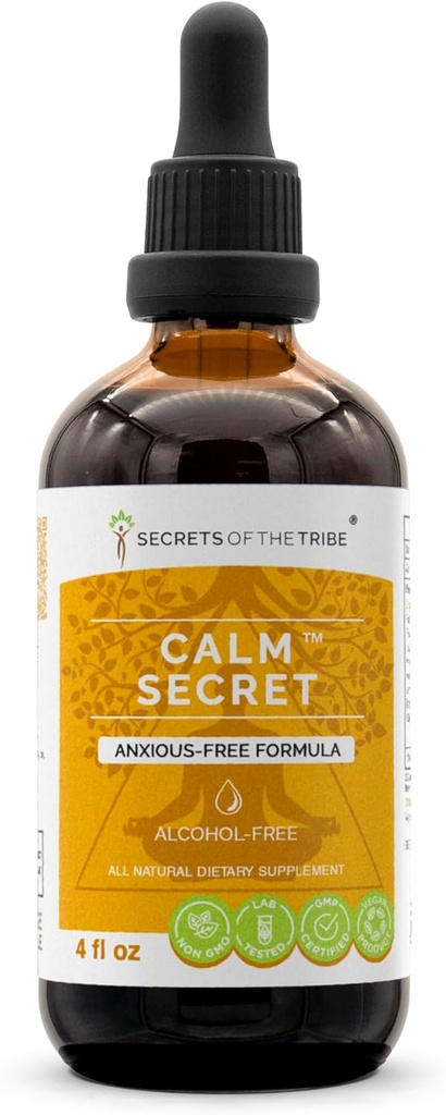 Μυστικά της Φυλής - Calm Secret, Βότανο συμπλήρωμα Blend σταγόνες υγρό εκχύλισμα χωρίς αλκοόλ, Anxious-Free Formula (4 fl oz)