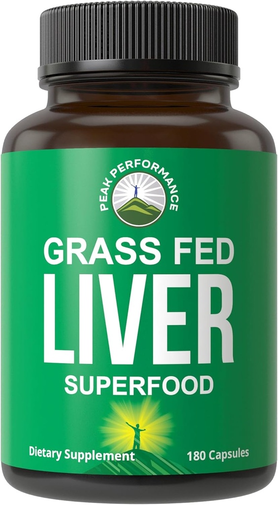 Peak Performance Grass Fed Desiccated Beef Liver Supplement 180 Capsules of Grassfed Liver Superfood Pills Contains Natural Iron, Vitamins, Amino Acids. Great for Immune Support