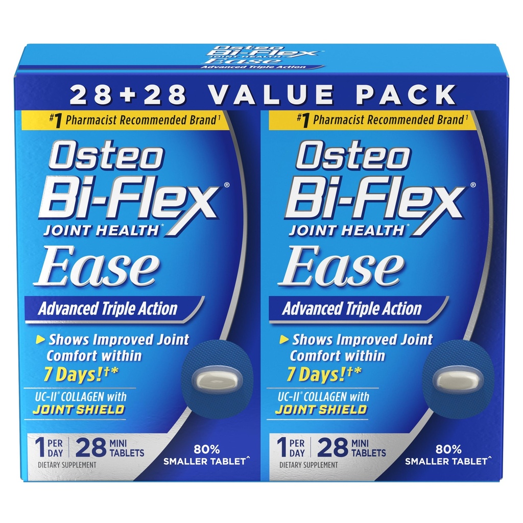 Osteo Bi-Flex Ease Mini Tablet Triple Action UC-II Collagen Supplement with Vitamin D, Improve Joint Function, Strength, Flexibility, Mobility 28 Mini Tabs, 2 Pack