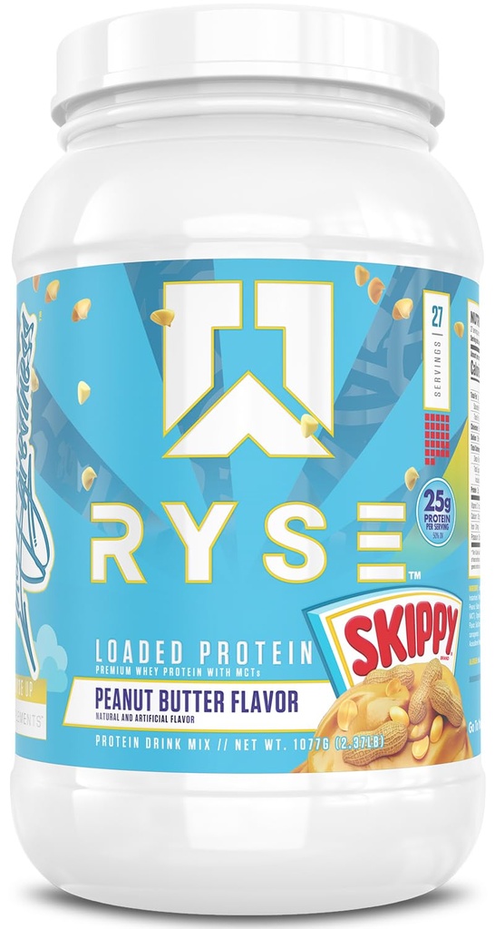 RYSE Loaded Protein Powder - Skippy Φυστικοβούτυρο - 25g Whey Protein Isolate & Concent with Prebiotic Fiber & MCTs - Χαμηλός υδατάνθρακες, χαμηλή ζάχαρη, Digestive-Friendly - 27 Σερβιέτες / 2 lb Tub