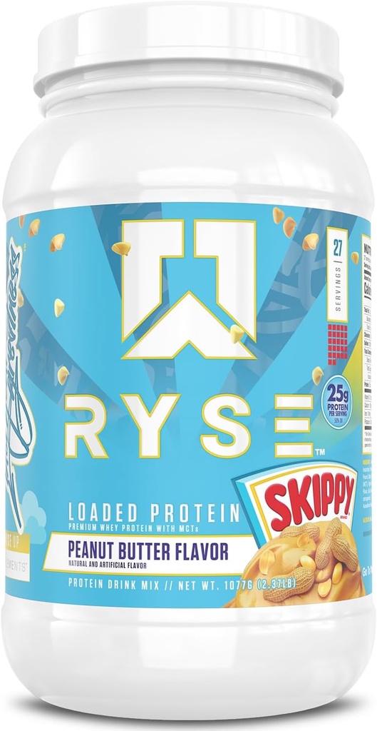 RYSE Loaded Protein Powder - Skippy Peanut Butter - 25g Whey Protein Isolate & Concentrate with Prebiotic Fiber & MCTs - Low Carb, Low Sugar, Digestive-Friendly - 27 Servings / 2 lb Tub