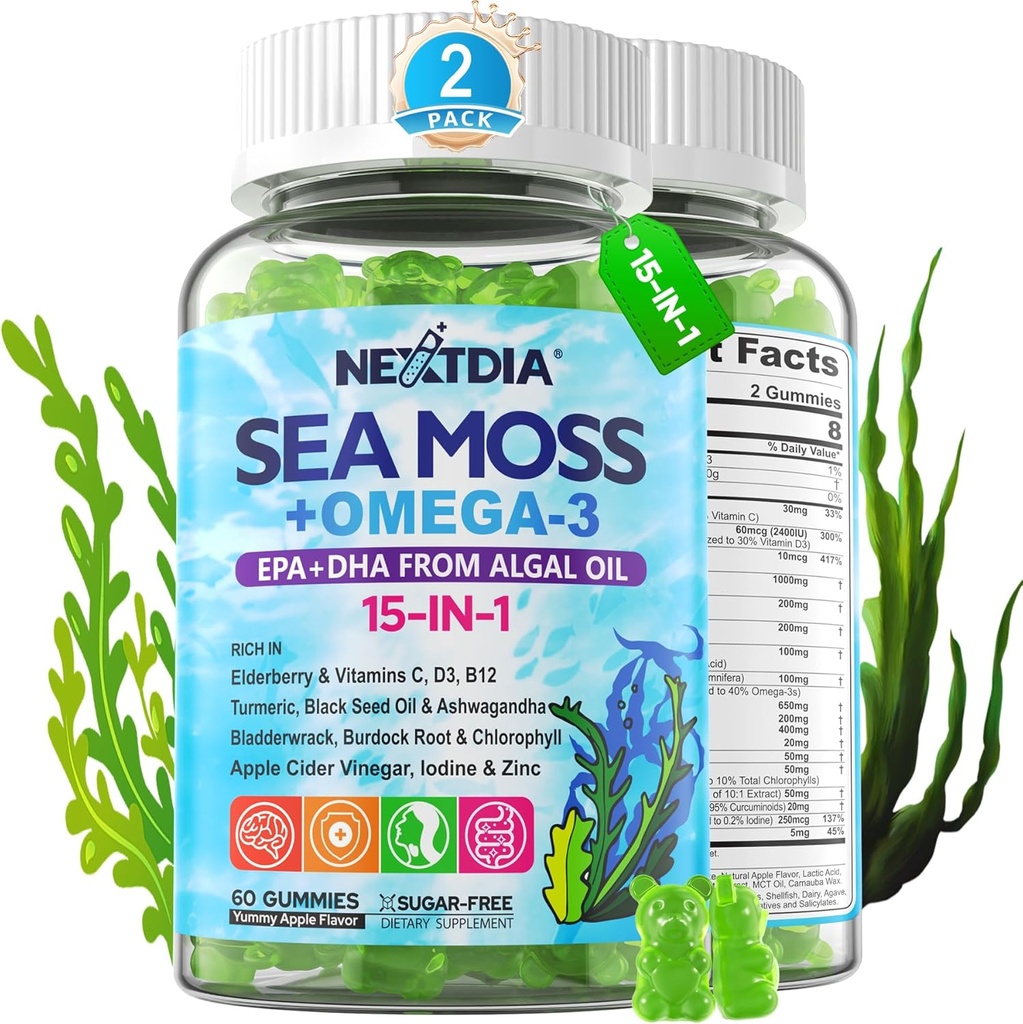 Sea Moss Gummies + Algae Omega-3 για ενήλικες, 15-IN-1 Organic Irish Sea Moss Superfood με/Vitamins C D3 B12, Turmeric, Bladderwrack, Υποστηρίζει την ενέργεια, εγκέφαλο, ανοσοποιητικό, καθημερινή ζωτικότητα, ζάχαρη-ελεύθερο, 120 Cts